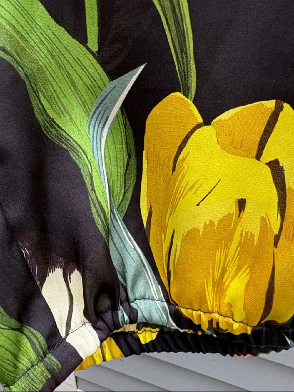 Black Floral Wide-Leg Pants with Yellow & Orange Tulips - Picture 4 of 10